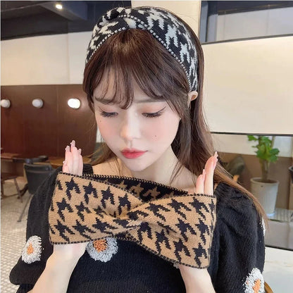 Casual Korea Houndstooth Headwrap Headbands for Women Hiar Accessories New Cotton Elastic Head Band Warm Knitted Hairbands