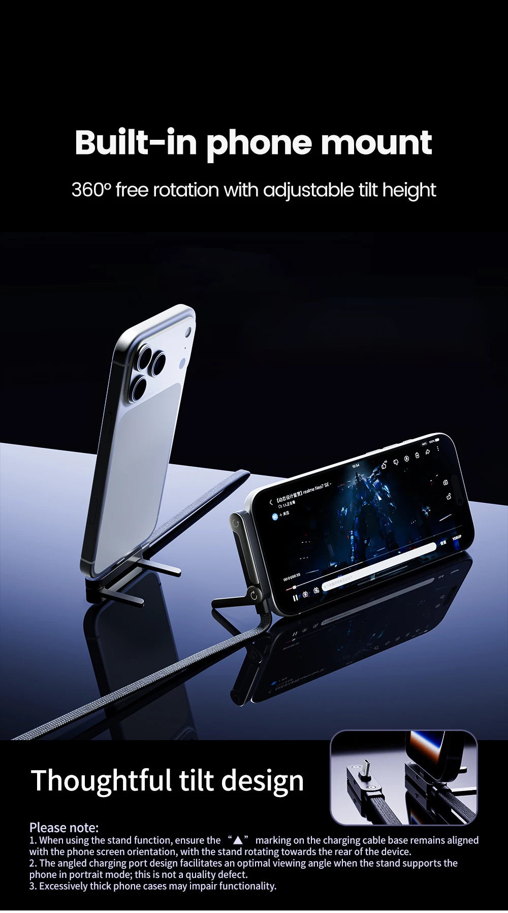 240W 2-in-1 Type C to USB C Fast Charging Data Cable Foldable Phone Holder Type C Fast Charging cabo For iPhone 17 Black/Orange