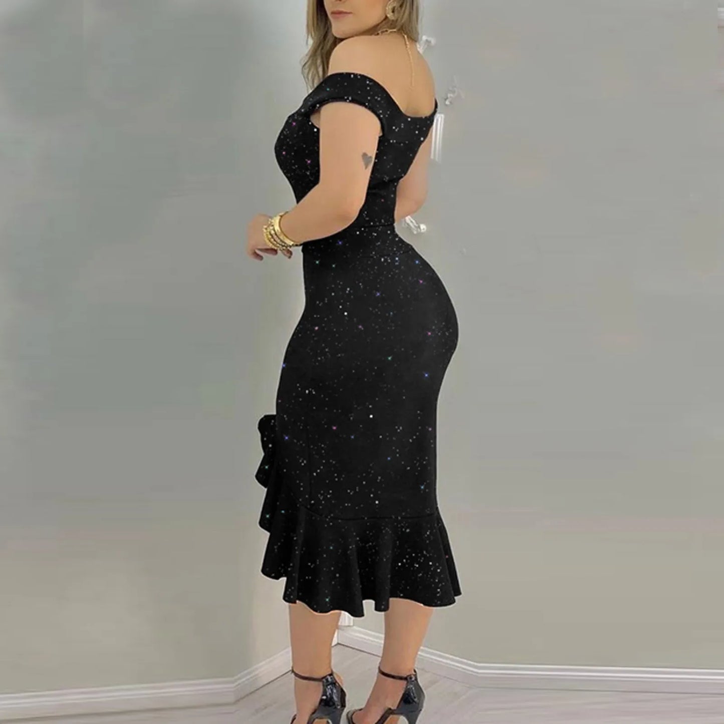 Women's Fashion Sexy Summer Off Shoulder  Short Sleeve Sequin Ruffle Irregular Dresses elegant women's dresses for party 2024