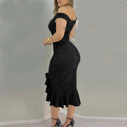 Women's Fashion Sexy Summer Off Shoulder  Short Sleeve Sequin Ruffle Irregular Dresses elegant women's dresses for party 2024