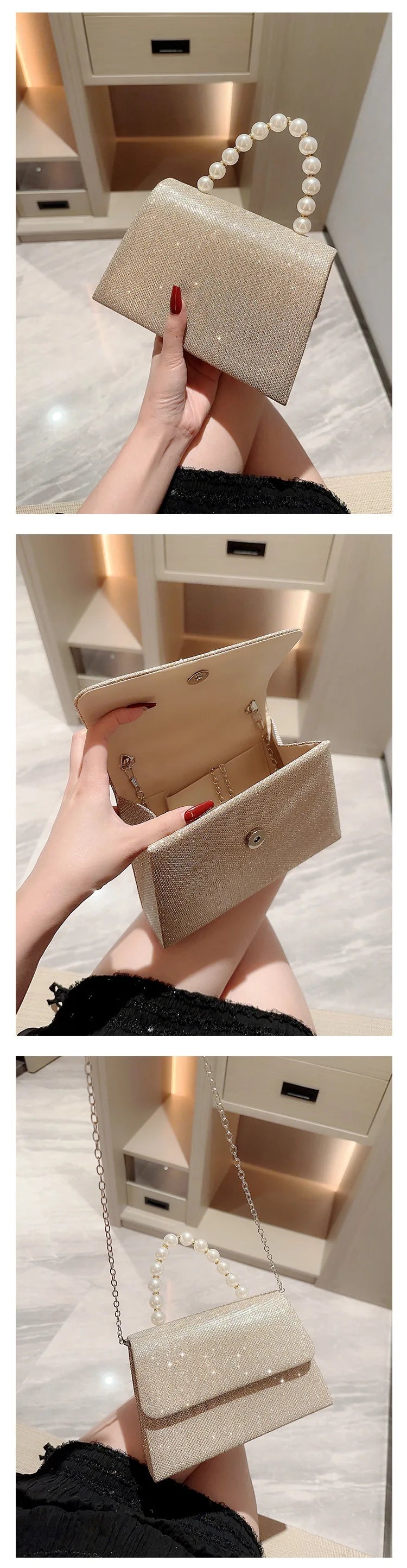 Pearl Chain Shoulder Bags Luxury Purse Gold Bright Silk Evening Bag Women Elegant Fashion Banquet Clutch Female Handbag bolsa