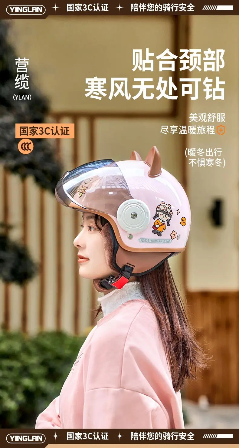 Winter Warm Women's Electric Car Helmet Four Seasons Motorcycle Safety Cap Full Face Helmet 3C Certified Abs Material