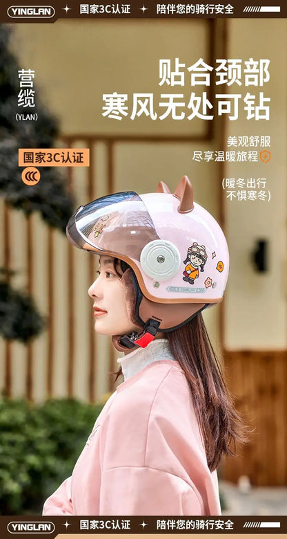Winter Warm Women's Electric Car Helmet Four Seasons Motorcycle Safety Cap Full Face Helmet 3C Certified Abs Material