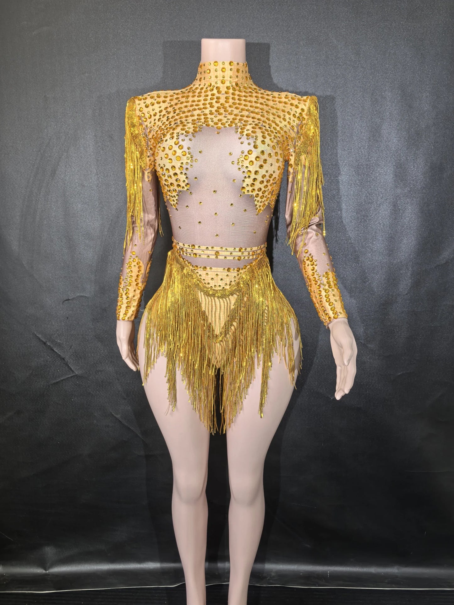 Rhinestones Women DanceCostume Fringes One Shoulder Bodysuit  Sexy Skinny Leotard Singer Dancer Show StageWear Sparkly Blue