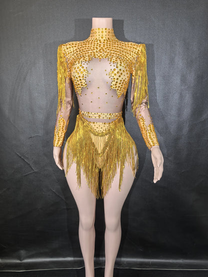 Rhinestones Women DanceCostume Fringes One Shoulder Bodysuit  Sexy Skinny Leotard Singer Dancer Show StageWear Sparkly Blue