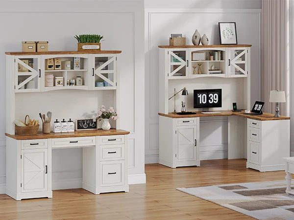 72" L-Shaped Executive Desk with Hutch, Farmhouse Home Office Desk, Wood L Shaped Computer Desks, Withe Computer Workstations
