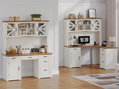 72" L-Shaped Executive Desk with Hutch, Farmhouse Home Office Desk, Wood L Shaped Computer Desks, Withe Computer Workstations