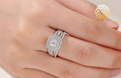 Newshe Luxury 925 Sterling Silver Halo Wedding Ring Set for Women Elegant Yellow Gold Plated Princess Simulated Diamond Rings