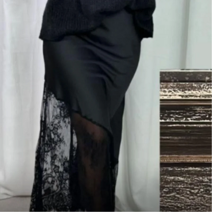 Lady Elegant Patchwork Lace Skirts Fashion High Waist Slim Hollow Out Maxi Skirts 2026 Autumn Women Brown Party Club Skirt