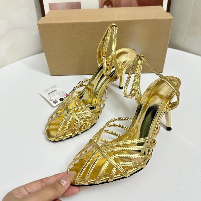 Women's Gold Roman Gladiator Sandals High Heels Stiletto Open Toe Ankle Strap Sexy Luxury Wedding Party Evening Dress Shoes