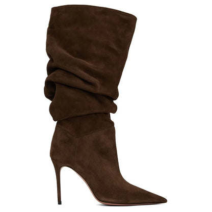 2025Women's Autumn and Winter New Pleated High-heeled Short Boots with Pointed Sleeves, Women's 35-47 Large Mid Length Boots