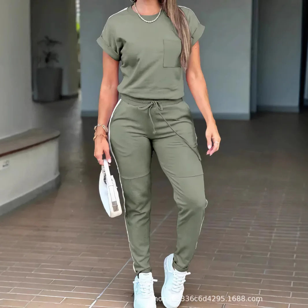 2026 New Spring Summer Fashion Sports Suit Women's Round Neck Short Sleeve Pocket Solid Color Top Sports Trousers Two-piece Suit