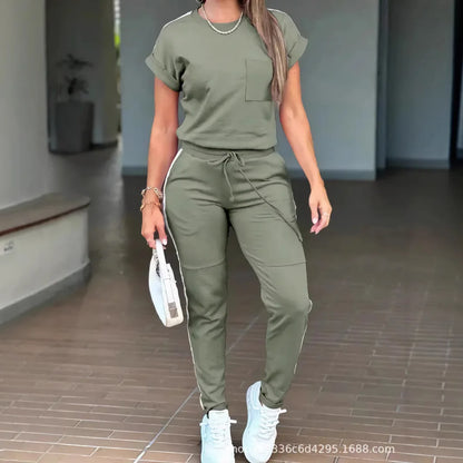 2026 New Spring Summer Fashion Sports Suit Women's Round Neck Short Sleeve Pocket Solid Color Top Sports Trousers Two-piece Suit