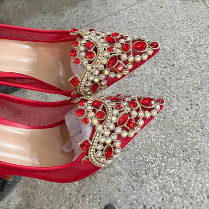New Design Red Diamond Sexy 12cm 10cm Woman High Heels Pointed Toe Shallow Stilettos Pumps Lace Breathable Wedding Party Shoes