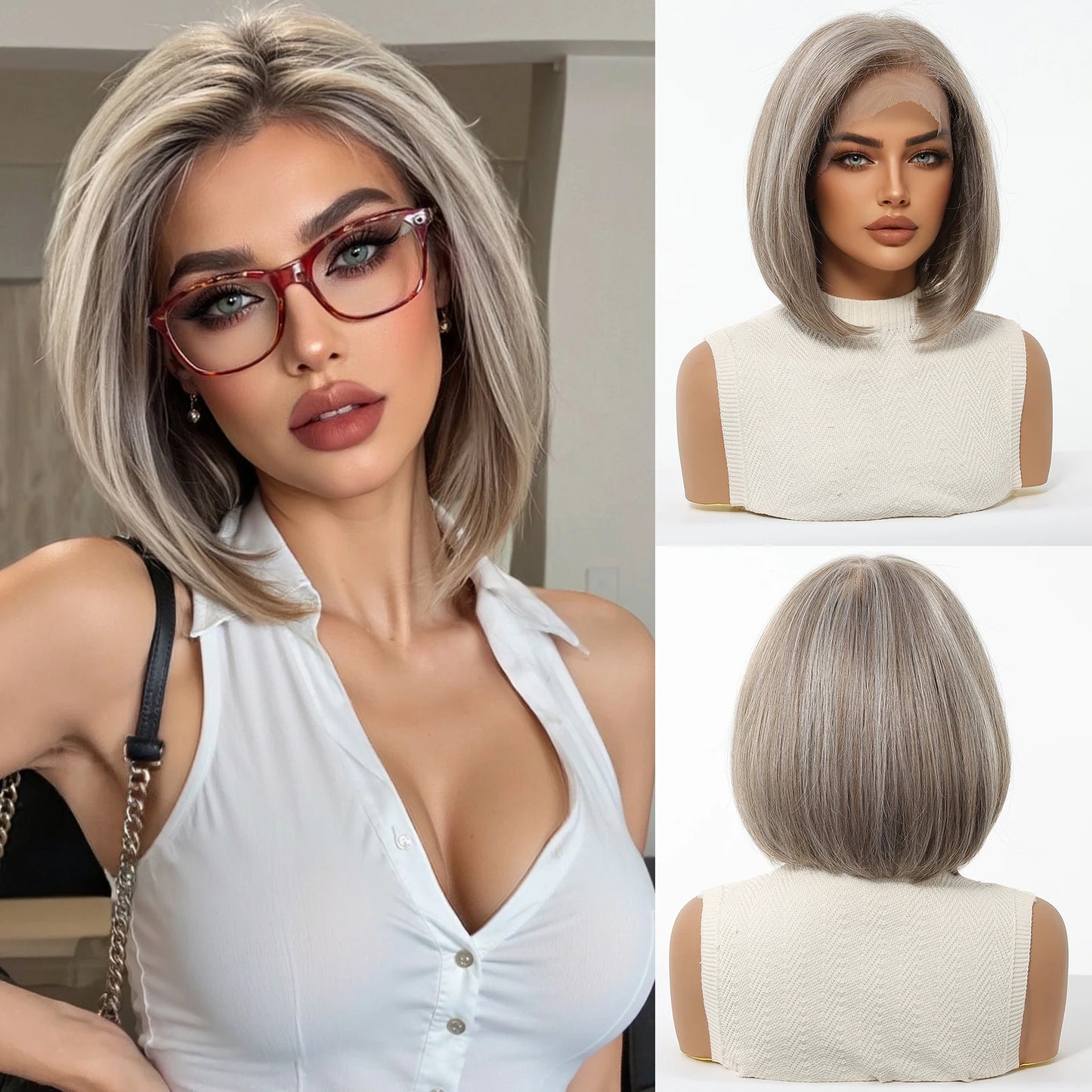 13*6 HD Lace Front Wigs Blonde Mixed Brown Synthetic Wigs For Women Daily Party Short Straight Natural Fake Hair Heat Resistant