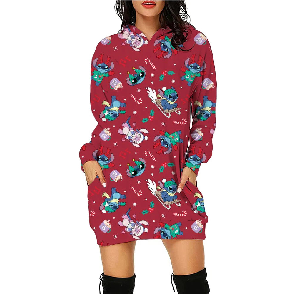 Christmas Disney Brand Stitch Cartoon Long Hoodie Autumn New Mini Sexy Long Sleeved Dress Korean Fashion Elegant Ladies Party