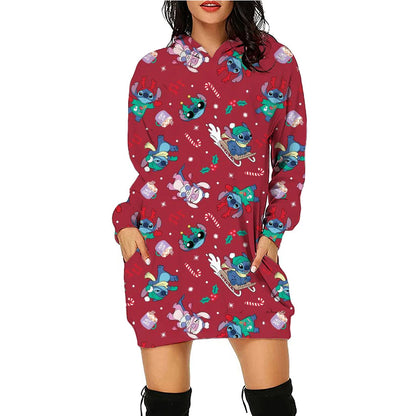 Christmas Disney Brand Stitch Cartoon Long Hoodie Autumn New Mini Sexy Long Sleeved Dress Korean Fashion Elegant Ladies Party