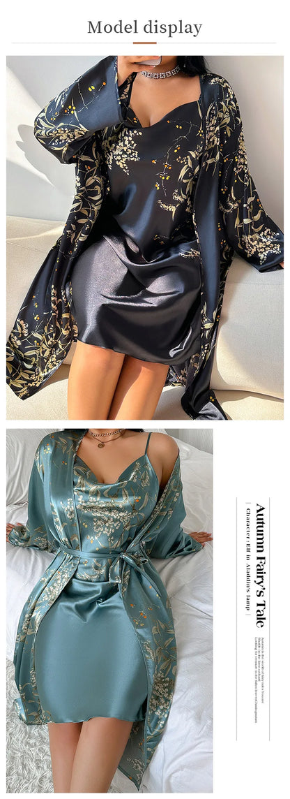 Summer New Women 2PCS Robe Set Nightgown Print Flower Kimono Bathrobe Gown Plus Size Silk Satin Sleepwear Loungewear Home Dress