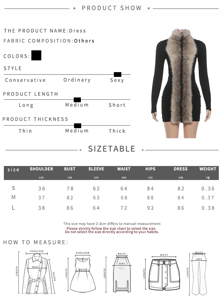 Kliou Sexy Fashion Mini Dresses Woman Furry Patchwork Turtleneck Full Sleeve Skinny Peach Hip Hottie Midnight Club Party Bodycon