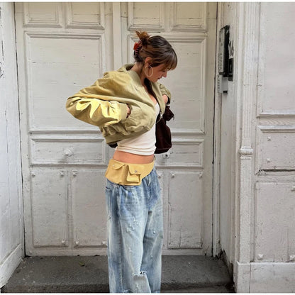 Women Khaki Cropped Bomber Jacket Chic Lapel Zipper Pocket Long Sleeve Short Coat Casual 2026 New Lady Street Daily Crop Outwear
