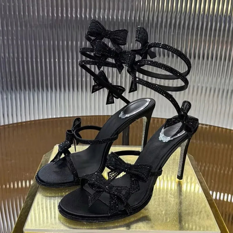 Luxury Rhinestones Mesh Bowknot Snake Coiled Women Gladiator Sandals Sexy Narrow band Thin High heels Summer Wedding Party Shoes