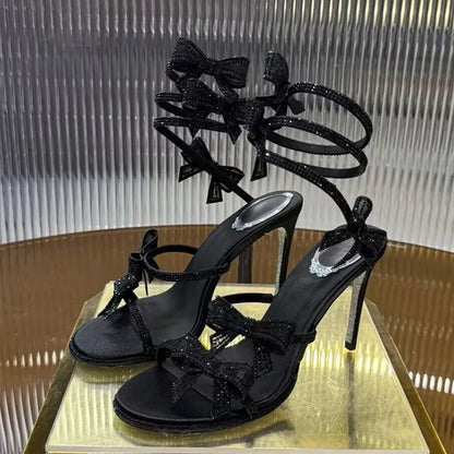 Luxury Rhinestones Mesh Bowknot Snake Coiled Women Gladiator Sandals Sexy Narrow band Thin High heels Summer Wedding Party Shoes