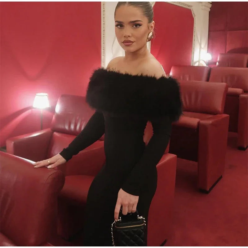 Faux Fur Patchwork Strapless Dress Women Sexy Off-shoulder Full Sleeve Cinched-waist Slim Long Gown Lady Christmas Party Dresses