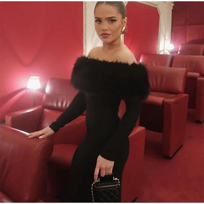 Faux Fur Patchwork Strapless Dress Women Sexy Off-shoulder Full Sleeve Cinched-waist Slim Long Gown Lady Christmas Party Dresses