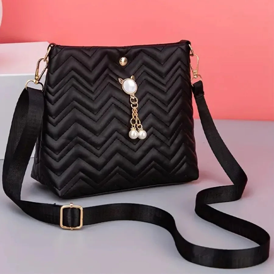 Women's Quilted Crossbody Bag with Cat Pearl Pendant - Elegant Shoulder Purse for Holiday gifts, 2025 Stylish Novelty Handbag