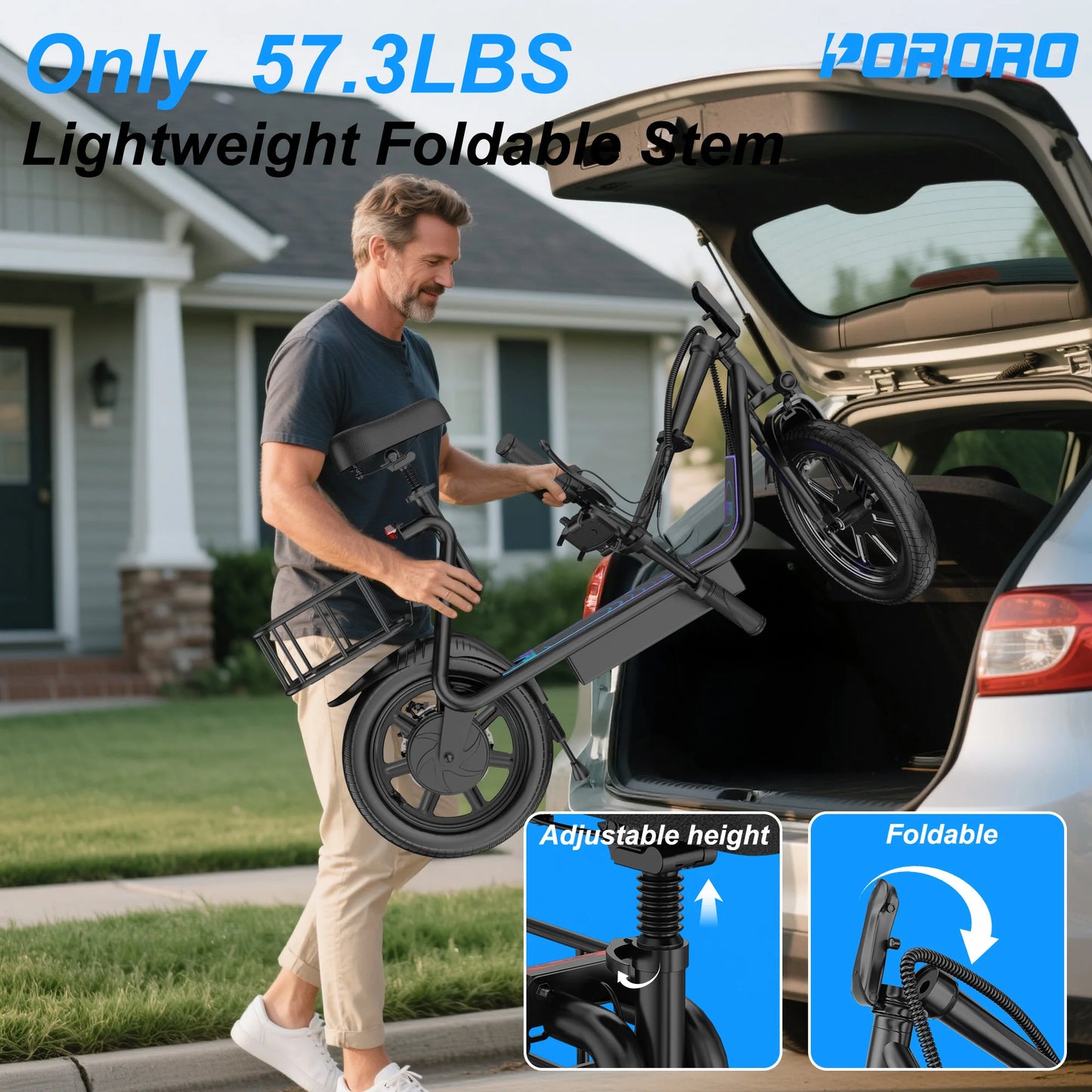 PORORO 14inch Electric Bicycle 10.5AH Battery 28Miles Max Range 22MPH Max Speed Shock Absorption Foldable E Scooter with Seat
