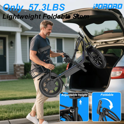 PORORO 14inch Electric Bicycle 10.5AH Battery 28Miles Max Range 22MPH Max Speed Shock Absorption Foldable E Scooter with Seat