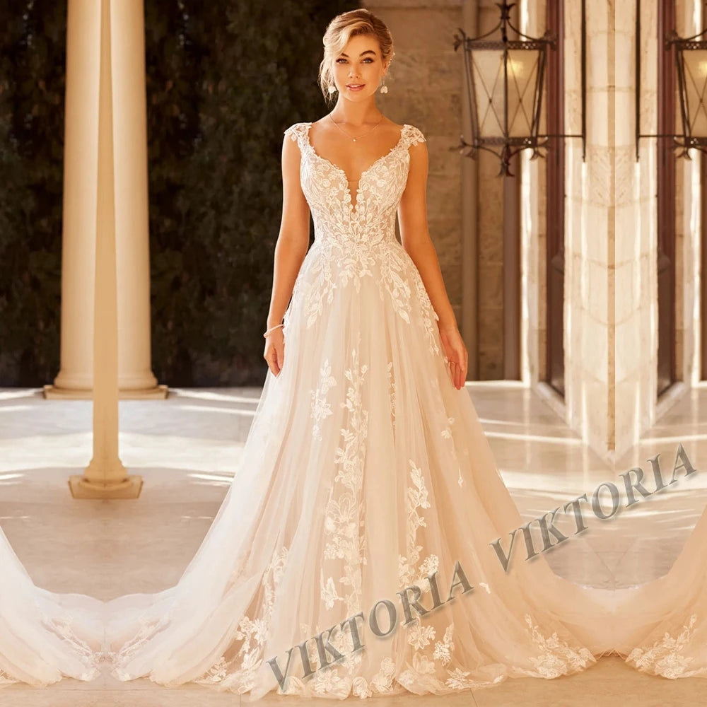 VIKTORIA Fashionable A-line Wedding Dresses for Women Sweetheart Long Sleeves Pleat Appliques Zipper Robe De Soiree De Mariage