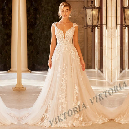 VIKTORIA Fashionable A-line Wedding Dresses for Women Sweetheart Long Sleeves Pleat Appliques Zipper Robe De Soiree De Mariage