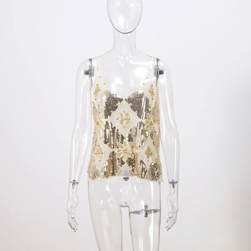 Sexy Sequins Beaded Camisoles Women Glitter Sleeveless Backless Pleated Sling Crop Tops 2026 Spring Summer Club Party Tank Lady