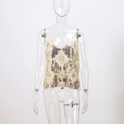 Sexy Sequins Beaded Camisoles Women Glitter Sleeveless Backless Pleated Sling Crop Tops 2026 Spring Summer Club Party Tank Lady