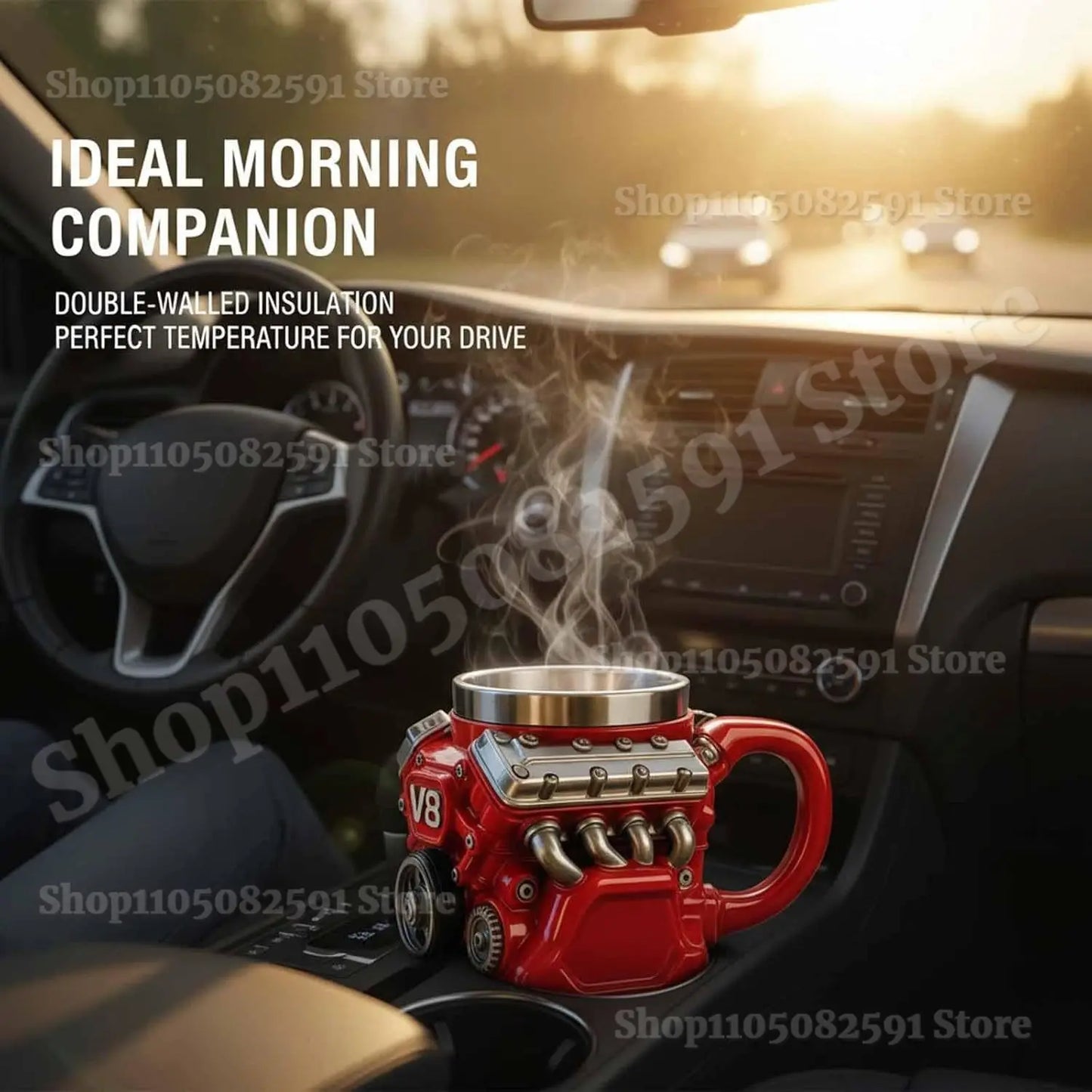 Retro Engine Coffee Mug,V8 Engines Stainless Steel Cup,Personalized Double Wall Insulation Car Mug with Handle for Christmas