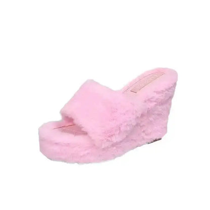 2026 Luxury New Women Feminine High Heeled Slippers Outdoor All-match Shoes Round Head Wedges With Mink Fur Femal Shoes