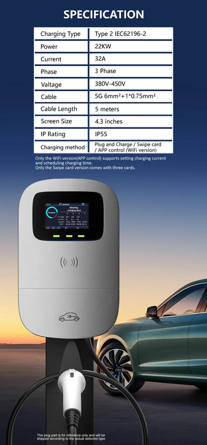 JIGU Type2 Electric Vehicle Charging Station 3 Phase 380V Type 2 EV Charger Charger APP WIFI 22KW Wallbox 5 meters Electric Car