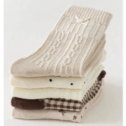 Auutumn Winter Girls Socks Retro Maillard Color Ruffle Socks Children's Calf Socks Cotton Socks  5 Pairs