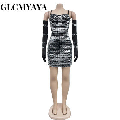 GLCMYAYA Women Diamonds Hot Rhinestones Crystal Spaghetti Strap Birthday Bodycon Midi Dress Sexy Party Even Dresses Vestidos