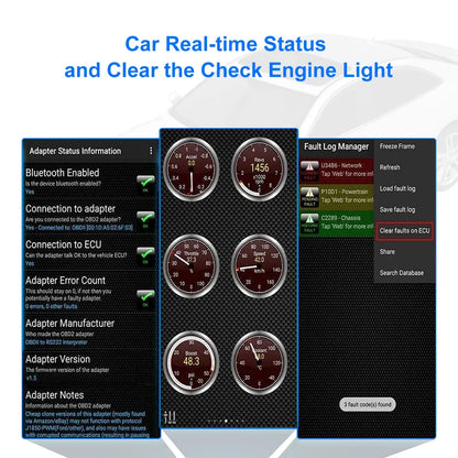 OBD2 Scanner Adapter BT, Wireless Diagnostic Code Reader OBD II Scan Tool Reset & Clear Check Car Engine Light