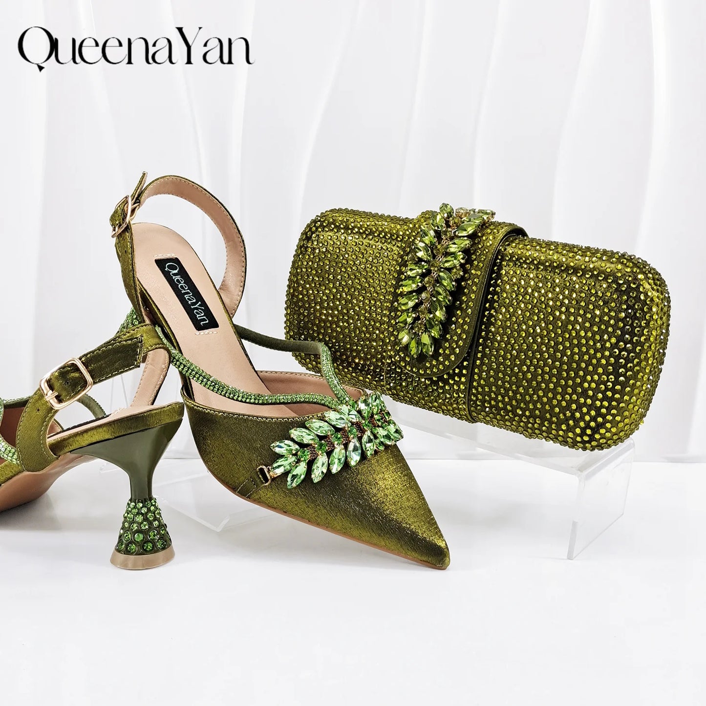 QueenaYan 2026 New Shiny Italian Fashion Pointed Toe Women Heel Fashion Rhinestone Decoration Pink Color Shoes And Bag Set
