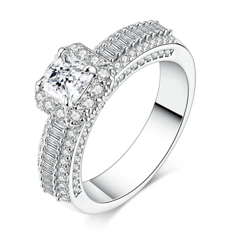 Original 925 Sterling Silver Sparkling Princess Full Pave Diamond Ring For Women Girls Jewelry Birthday Anniversary Gifts
