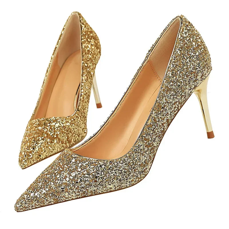 Women Luxury Bling Red  Blue Valentine Party Scarpins Pumps Lady Glitter Sequins 7cm 9.5cm High Heels Designer Shoes Plus Size