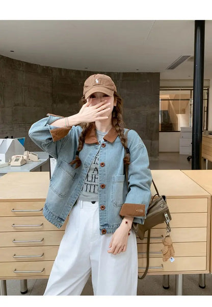 Women Clothing Autumn Fashion Korean Button Color Blocking Polo Collar Female All-match Fashionable Pocket Appear Thin Cardigan