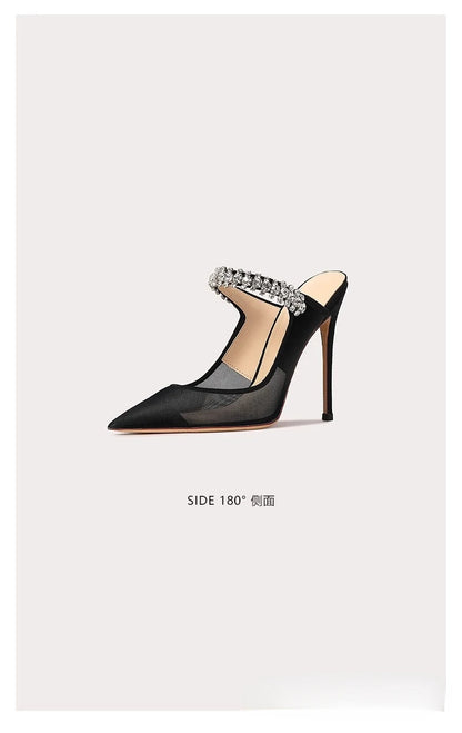 2024 New One Word Water Diamond Women's Summer Baotou Mesh Fine Heels Pointed High Heels Black Slippers