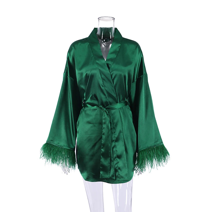 Feather Bathrobes Satin Sexy Mini Dress Long Sleeve Loose Peignoirs For Women Robe White Wedding Dress Black Bride Dresses