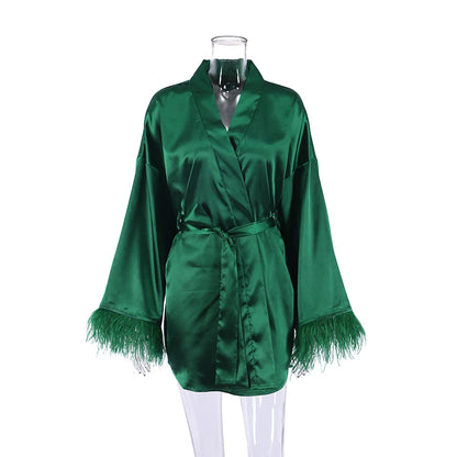 Feather Bathrobes Satin Sexy Mini Dress Long Sleeve Loose Peignoirs For Women Robe White Wedding Dress Black Bride Dresses