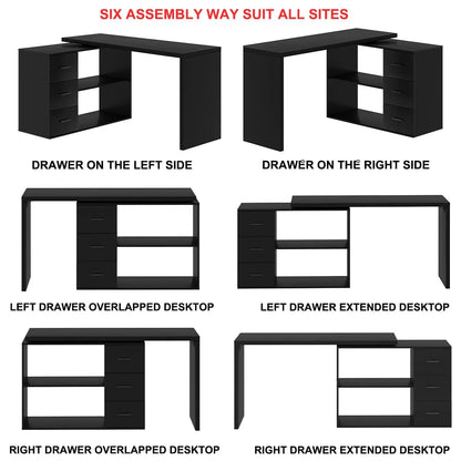 Black L Shaped Computer Desk with Drawers, L Shaped Home Office Desk with Storage Cabinet Shelves, Reversible, Customized