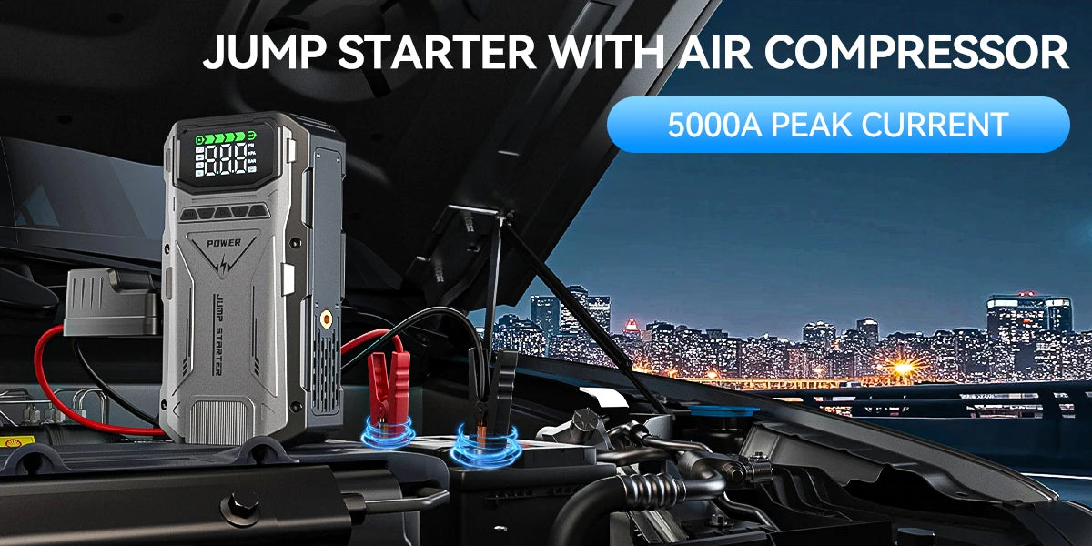 Portable Car Jump Starter With Air Compressor, 5000A Peak(7.5L Gas, 6.0L Diesel) , Jump Starter Battery PackWith150 PSl Tire Inf